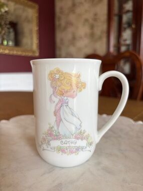 Vintage Precious Moments Personalized White Ceramic 'Cathy' Floral Portrait Mug